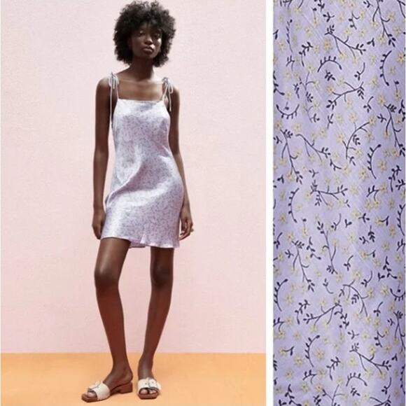 Zara Lilac Satin Effect Printed Mini Dress - Picture 1 of 8